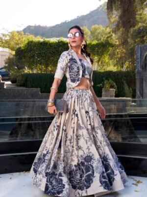 Tussar Silk Wedding Lehenga Set with Floral Print & Koti