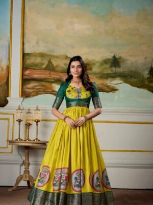 Dola Silk Kalamkari Gown with Zari Weaving Border and Matching Koti