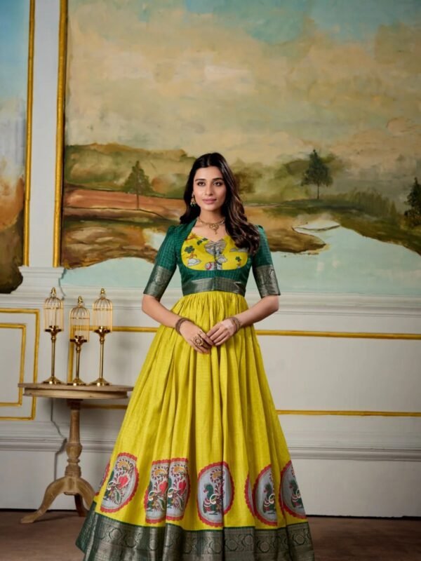 Dola Silk Kalamkari Gown with Zari Weaving Border and Matching Koti