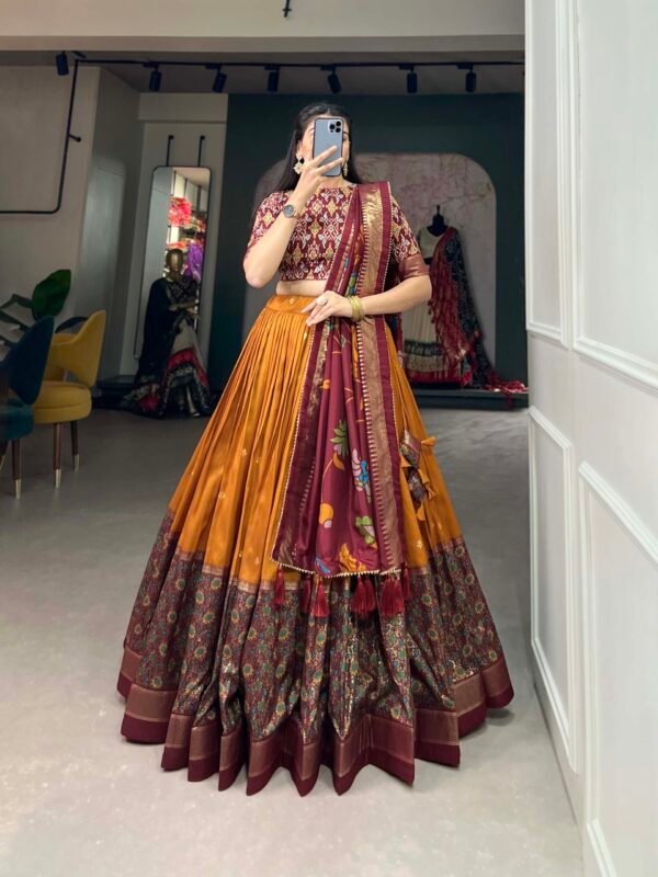Traditional festive wear Tussar Silk Kalamkari Lehenga Choli with Foil Work Border - Image 3