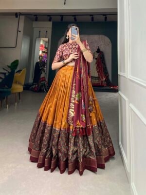 Traditional festive wear Tussar Silk Kalamkari Lehenga Choli with Foil Work Border
