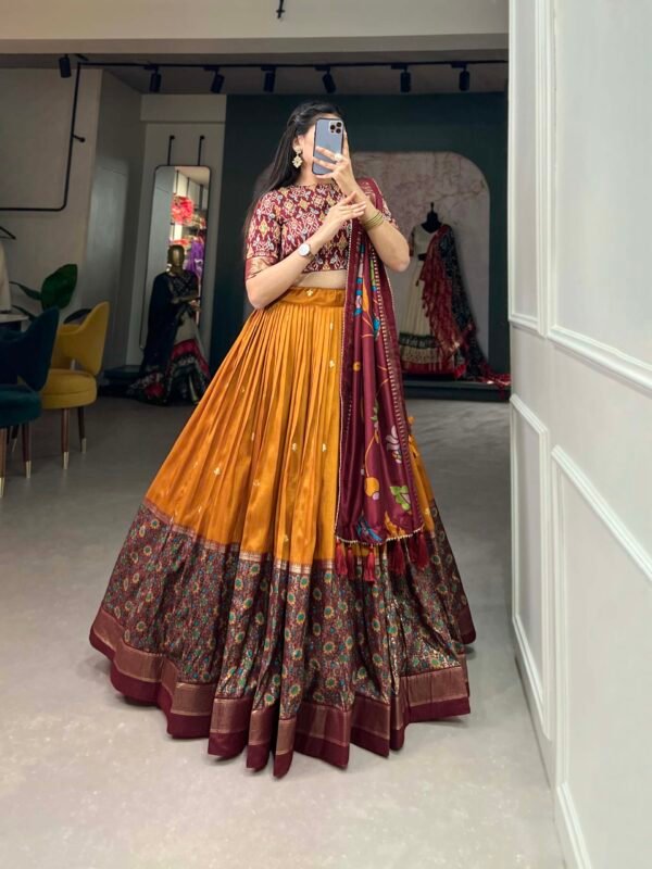 Traditional festive wear Tussar Silk Kalamkari Lehenga Choli with Foil Work Border - Image 4