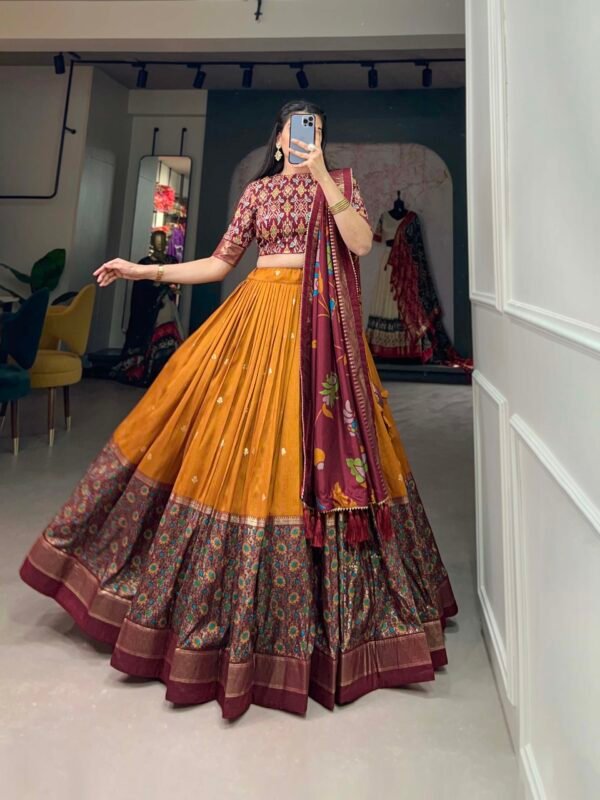 Traditional festive wear Tussar Silk Kalamkari Lehenga Choli with Foil Work Border - Image 5