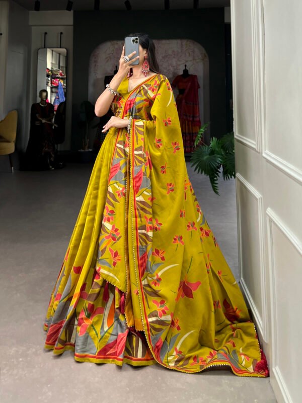 Tusser Silk Lehenga Choli with Floral Print and Foil Work - Image 9