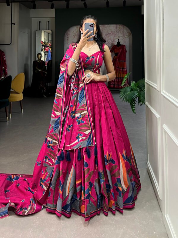 Tusser Silk Lehenga Choli with Floral Print and Foil Work - Image 4