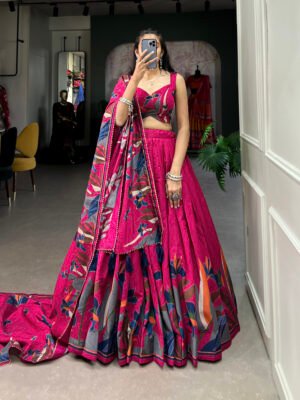 Tusser Silk Lehenga Choli with Floral Print and Foil Work