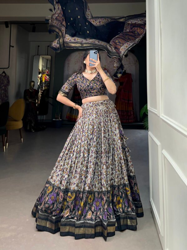 Tussar Silk Floral Lehenga Choli with Foil Work and Dupatta with Modern Elegance - Image 7