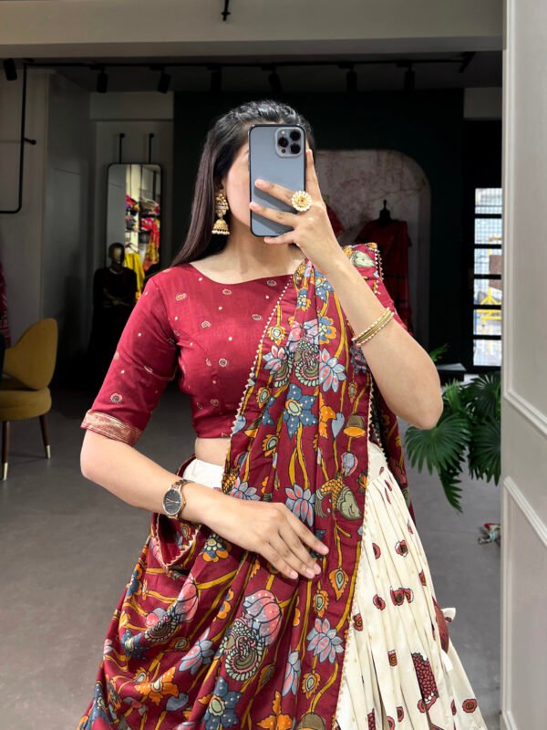Elegant Tussar Silk Kalamkari Print Lehenga Choli with Foil Work Border - Image 4