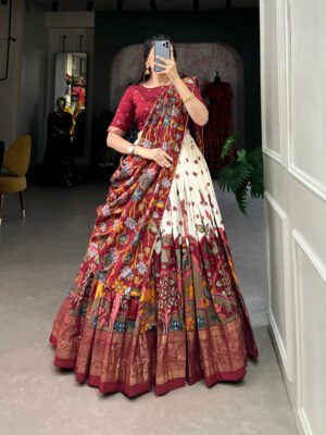 Elegant Tussar Silk Kalamkari Print Lehenga Choli with Foil Work Border