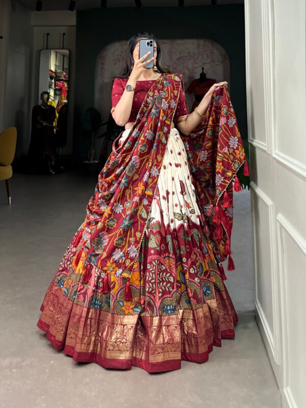 Elegant Tussar Silk Kalamkari Print Lehenga Choli with Foil Work Border - Image 3