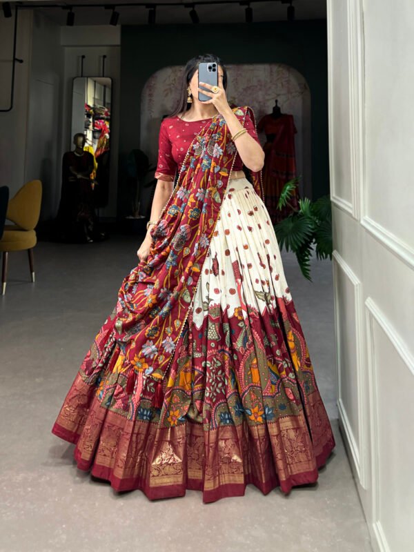 Elegant Tussar Silk Kalamkari Print Lehenga Choli with Foil Work Border - Image 2