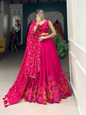 Exquisite Tusser Silk Lehenga Choli with Floral Print & Foil Work