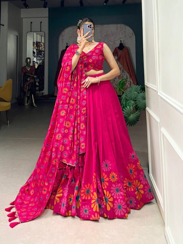 Exquisite Tusser Silk Lehenga Choli with Floral Print & Foil Work