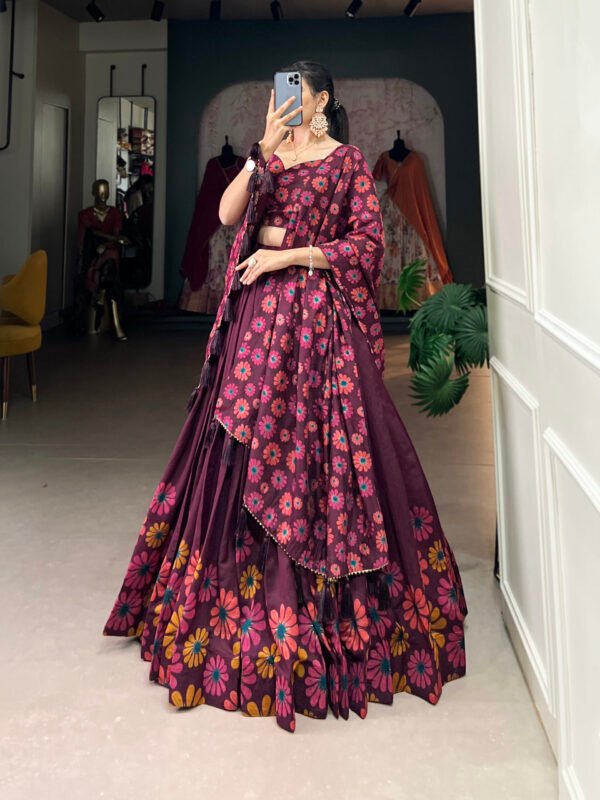 Exquisite Tusser Silk Lehenga Choli with Floral Print & Foil Work - Image 12