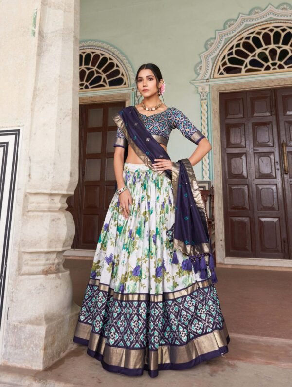 Blossom Royale: Tussar Silk Floral Print Lehenga Choli Set with Foil Work & Gotta Patti Lace Dupatta - Image 5