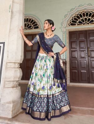 Blossom Royale: Tussar Silk Floral Print Lehenga Choli Set with Foil Work & Gotta Patti Lace Dupatta