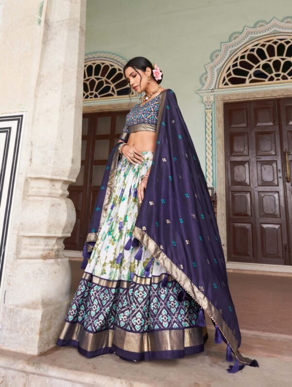 Blossom Royale: Tussar Silk Floral Print Lehenga Choli Set with Foil Work & Gotta Patti Lace Dupatta - Image 7