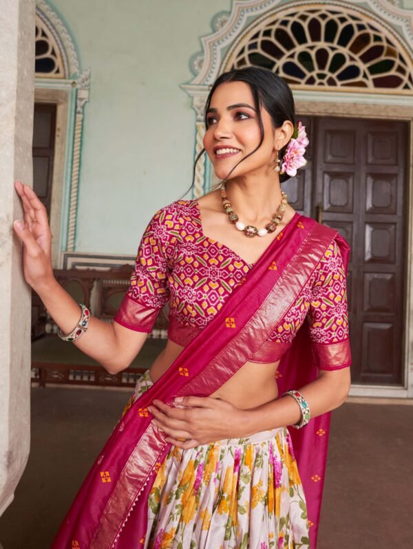 Tussar Silk Floral Print Lehenga Choli Set with Foil Work & Gotta Patti Lace Dupatta - Image 2