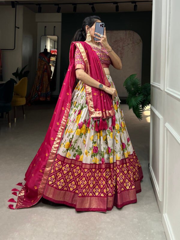 Tussar Silk Floral Print Lehenga Choli Set with Foil Work & Gotta Patti Lace Dupatta - Image 3