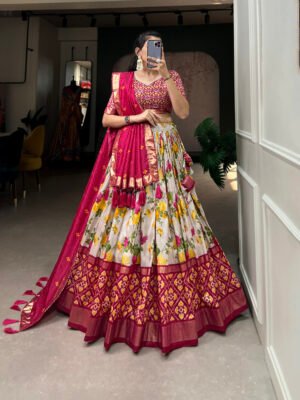 Tussar Silk Floral Print Lehenga Choli Set with Foil Work & Gotta Patti Lace Dupatta