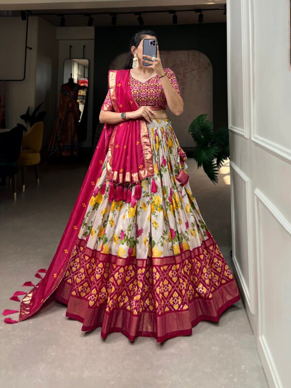 Tussar Silk Floral Print Lehenga Choli Set with Foil Work & Gotta Patti Lace Dupatta