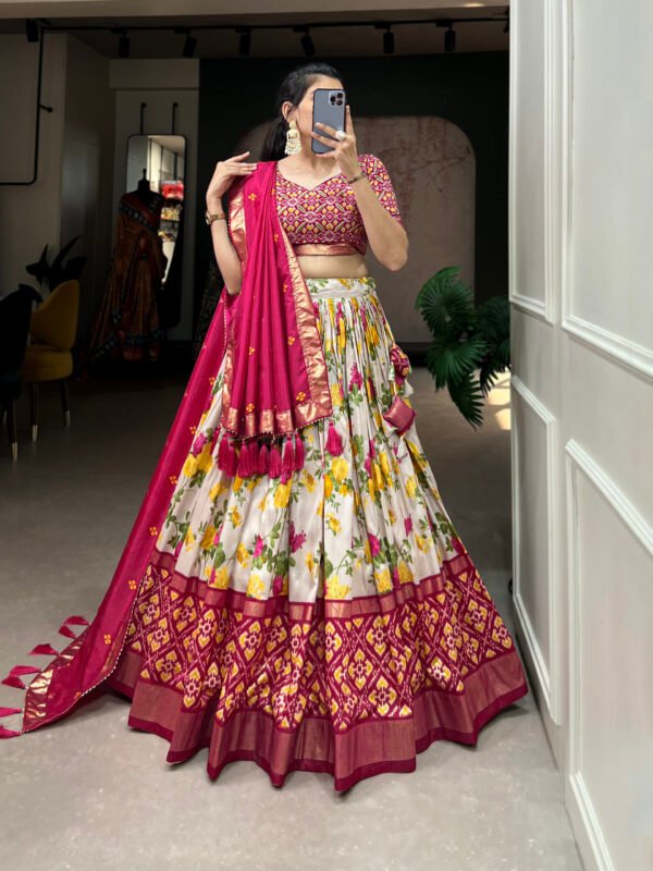 Tussar Silk Floral Print Lehenga Choli Set with Foil Work & Gotta Patti Lace Dupatta - Image 4