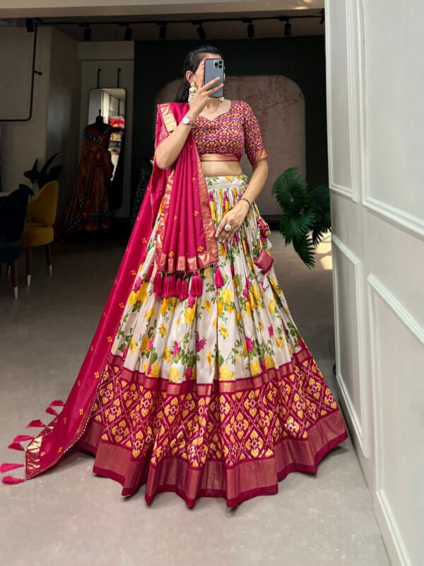 Tussar Silk Floral Print Lehenga Choli Set with Foil Work & Gotta Patti Lace Dupatta - Image 5