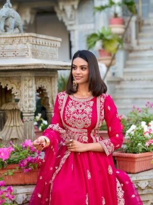 Pink color Elegant Gown with Lace Touch and Net Dupatta