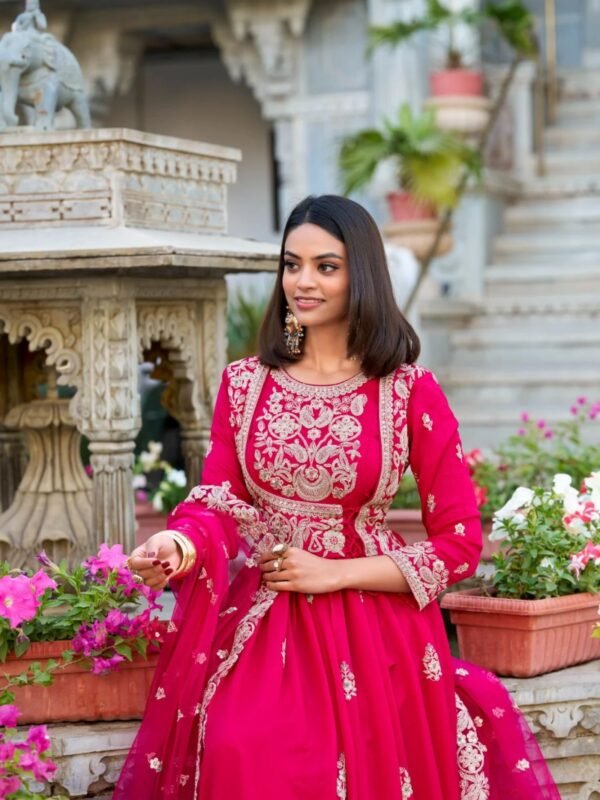 Pink color Elegant Gown with Lace Touch and Net Dupatta