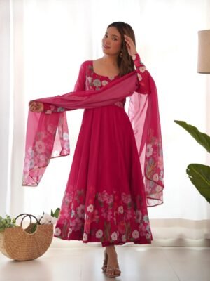 Pure Soft Organza Silk Floral Anarkali Suit Set with Dupatta and Pant