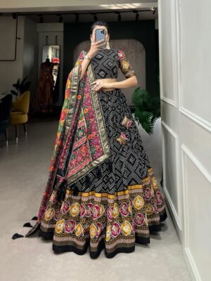 Black color Tusser Silk Floral Print Lehenga Choli Set with Dupatta