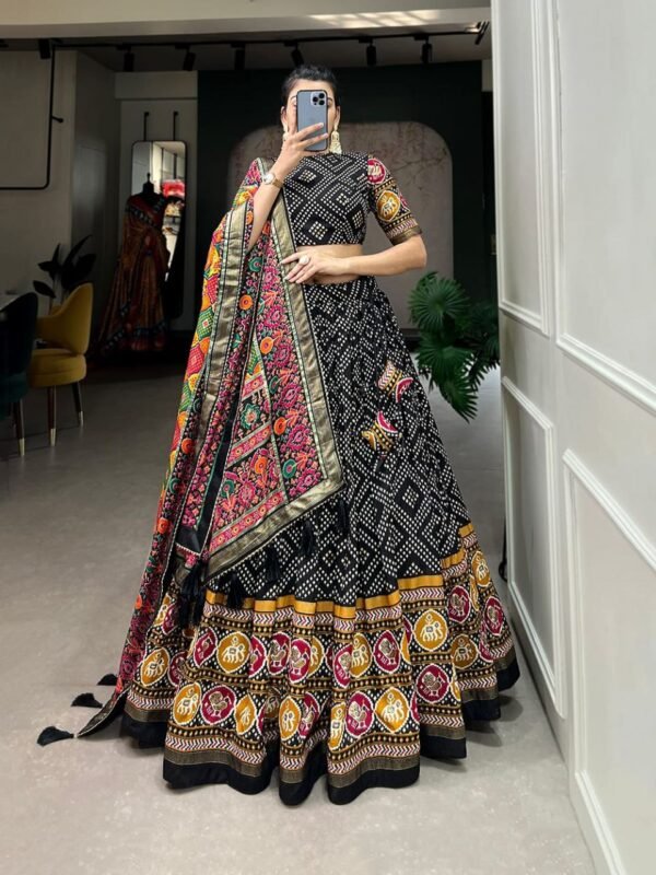 Black color Tusser Silk Floral Print Lehenga Choli Set with Dupatta