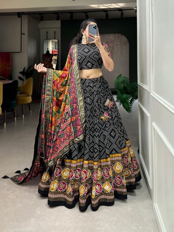 Black color Tusser Silk Floral Print Lehenga Choli Set with Dupatta - Image 3