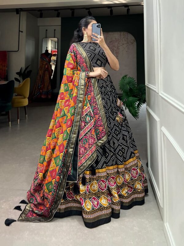 Black color Tusser Silk Floral Print Lehenga Choli Set with Dupatta - Image 4