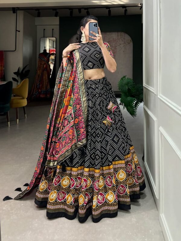 Black color Tusser Silk Floral Print Lehenga Choli Set with Dupatta - Image 5