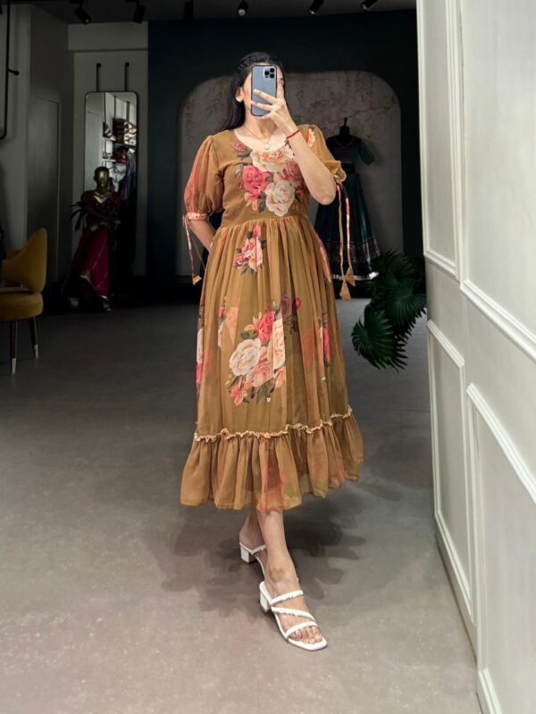 Mehndi Color Floral Printed Georgette Dress for Women - Image 5
