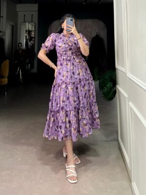 Purple Sophisticated Tabby Silk Printed Frock