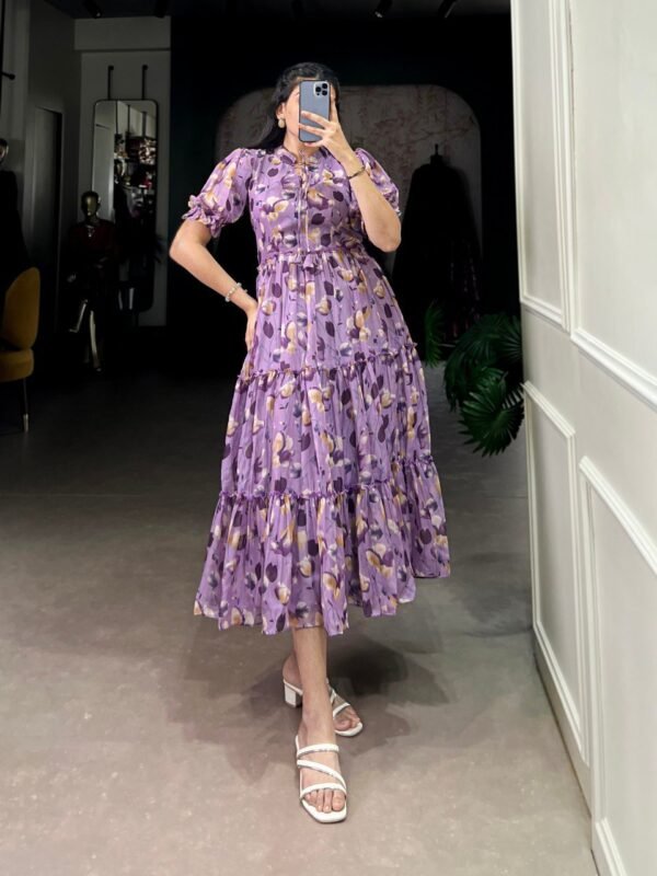 Purple Sophisticated Tabby Silk Printed Frock