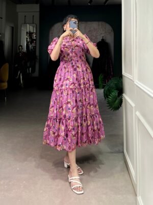Pink Sophisticated Tabby Silk Printed Frock