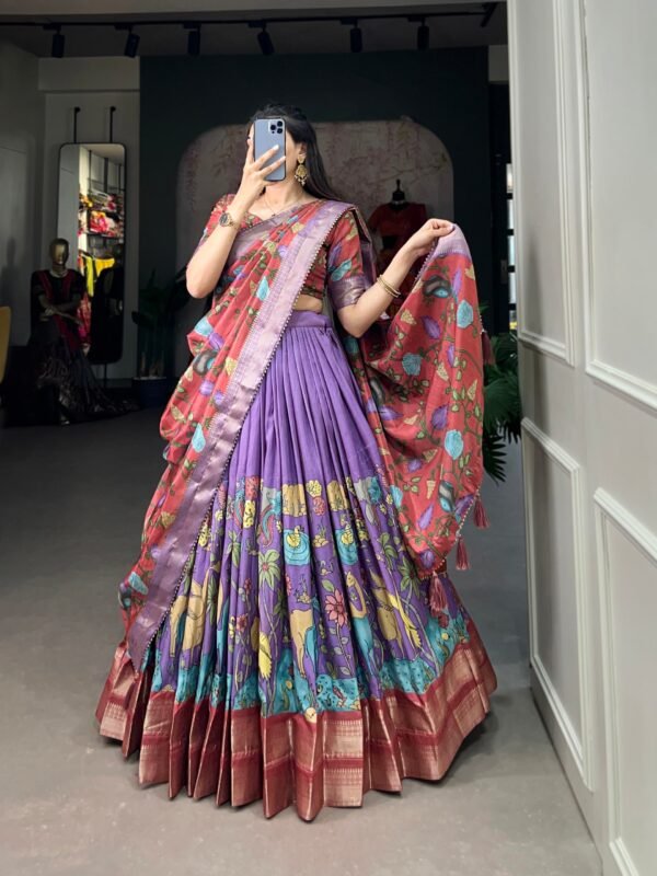 Lavender color Tussar Silk Floral and Patola Print Lehenga Choli Set with Jacquard Border - Image 2