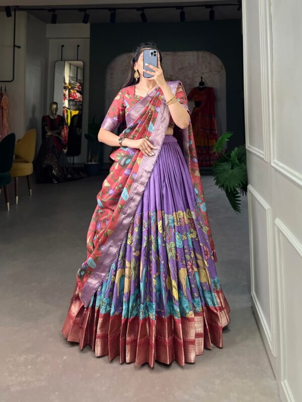 Lavender color Tussar Silk Floral and Patola Print Lehenga Choli Set with Jacquard Border - Image 3