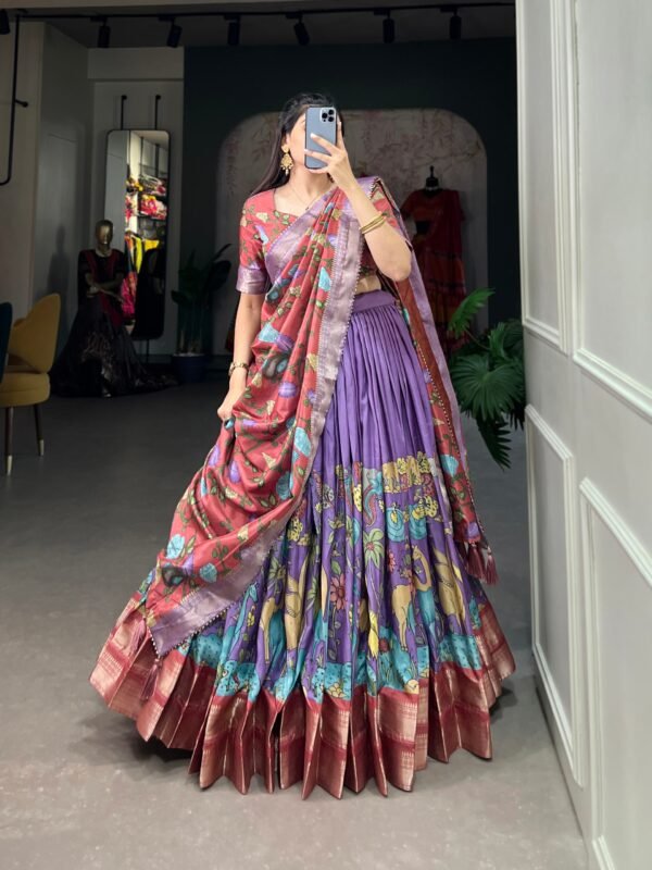 Lavender color Tussar Silk Floral and Patola Print Lehenga Choli Set with Jacquard Border
