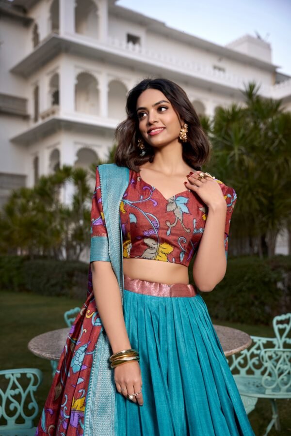 Tussar Silk Lehenga Choli with Floral Print and Foil Work - Image 8