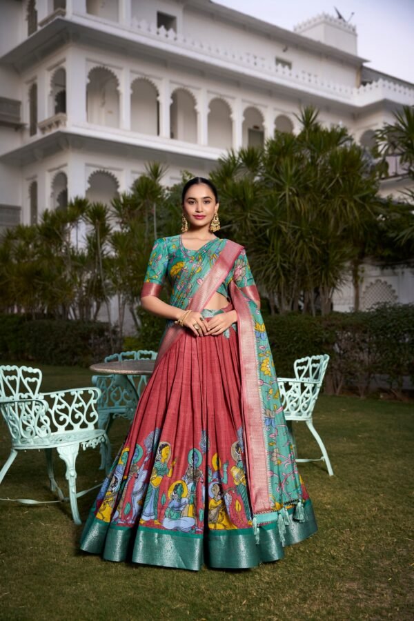 Tussar Silk Lehenga Choli with Floral Print and Foil Work - Image 4