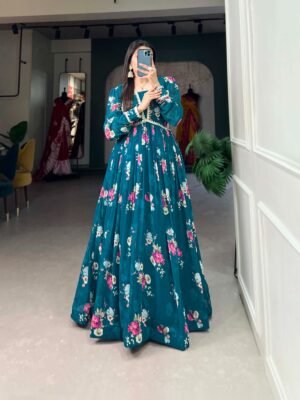 Firozi Color Floral Printed Georgette Gown with Lace Border
