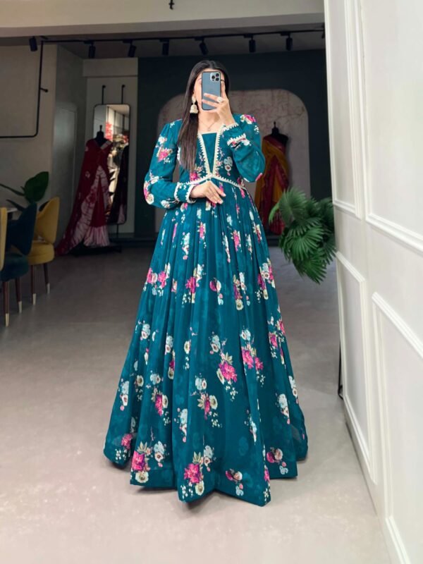 Firozi Color Floral Printed Georgette Gown with Lace Border - Image 2