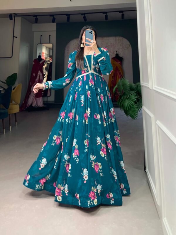Firozi Color Floral Printed Georgette Gown with Lace Border - Image 3
