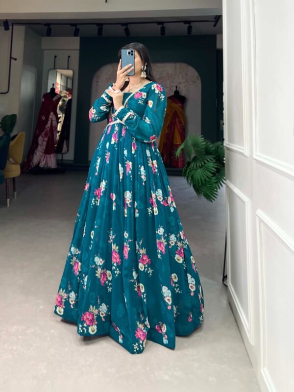 Firozi Color Floral Printed Georgette Gown with Lace Border - Image 5