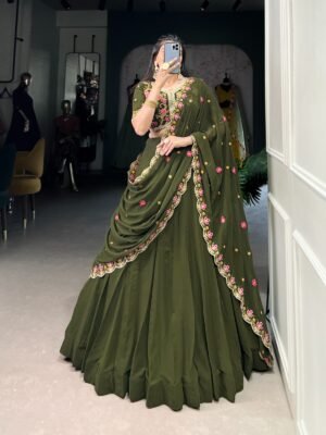 Mehendi Green Georgette Lehenga Choli with Sequins & Thread Embroidery
