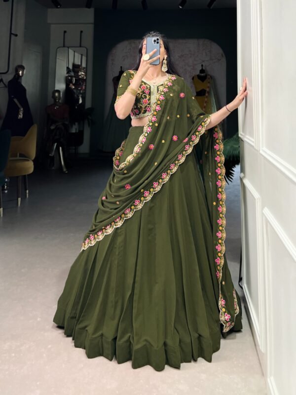 Mehendi Green Georgette Lehenga Choli with Sequins & Thread Embroidery - Image 3